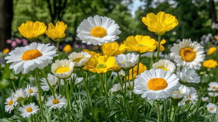 Vibrant Blooming Field of White and Yellow Flowers - Serenity