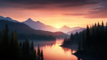 Fototapeta premium Serene Mountain Landscape at Sunset with Calm Water Reflections and Lush Evergreen Forests