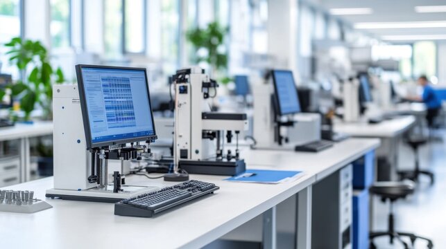 Modern laboratory workspace with advanced equipment and computer displaying data analysis for research purposes