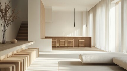 Minimalist Beige Apartment Interior Design with Wooden Accents