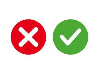 Green check mark, red cross, x mark icon, set of flat rounded right and wrong vector sign. Yes and no buttons, right and wrong or approved and declined round icons, vector illustration