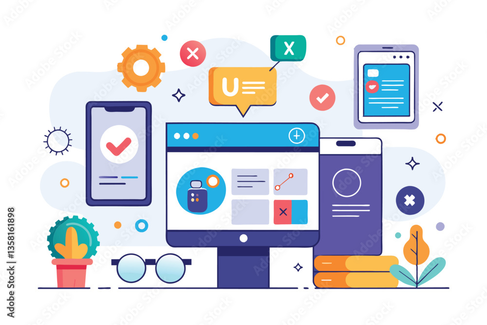 Poster a colorful arrangement of digital devices showcasing customizable ui/ux design elements with icons a