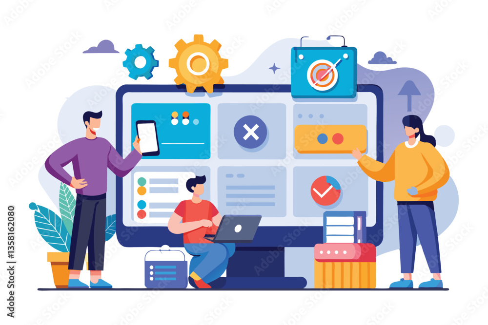 Poster two designers collaborate on ui and ux elements with a customizable dashboard in a semi-flat design 