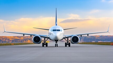 Obraz premium Modern Airplane with Blue Sky and Cloud Background at Airport on a Clear Day