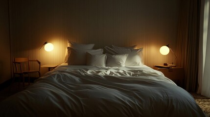 White Bedding on a King Size Bed in a Dark Brown Room