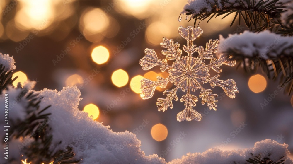 Poster crystal snowflake on snowy fir branch with golden bokeh lights