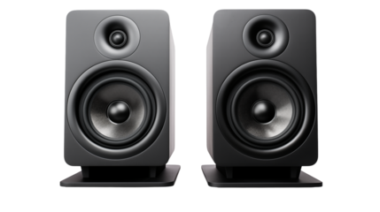 A studio shot of two black speakers with a tweeter and woofer on a black background setupisolated on transparent background	