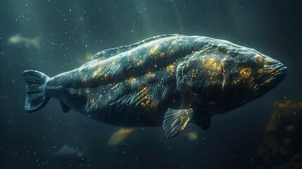 Fototapeta premium Rare Coelacanth floating in the dark depths of the ocean its ancient prehistoric body glowing under dim light