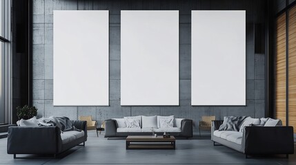 Stylish indoor studio comfortable seating and white poster templates on the walls