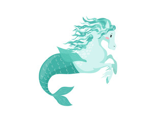 Vector illustration of a turquoise hippocampus with a flowing mane.