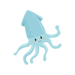 Vector illustration of a light blue squid with tentacles.