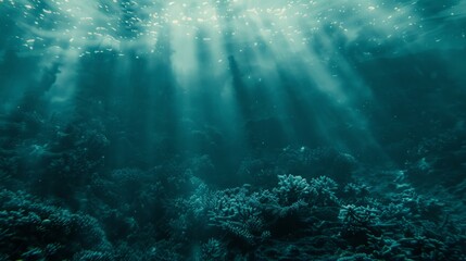 Fototapeta premium Underwater Coral Reef Scene: Sun Rays & Marine Life - Stock Photo