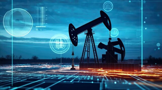 Oil pumps operating against a digital backdrop at dusk