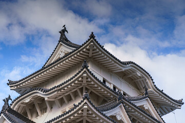 Himeji, Japan - Sep 24 2024, panoramic view of Himeji Castle, White Heron Castle from below, at daytime with blue sky and clouds, without people, Himeji, Japan