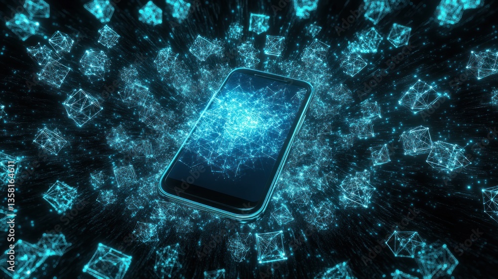 Poster digital data burst: smartphone in a network of glowing cubes
