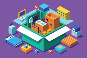This artwork showcases a vibrant unboxing experience with various items and packaging in an isometric style, Unboxing Customizable Isometric Illustration