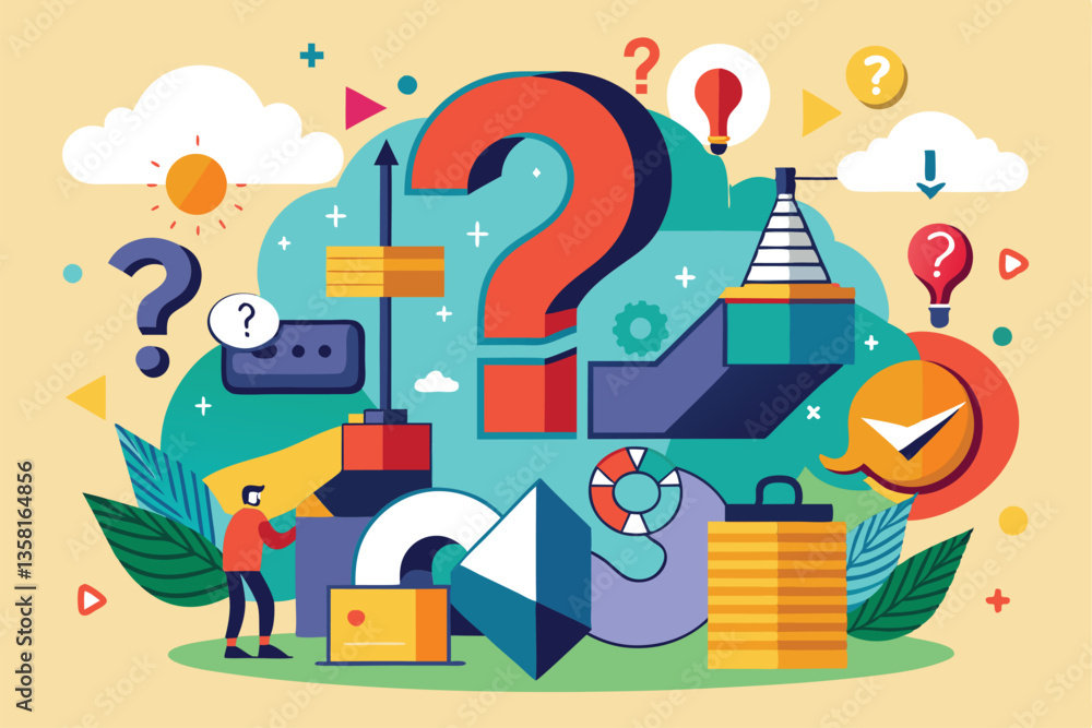 Poster a colorful composition illustrates concepts of uncertainty and confusion using various symbols and s