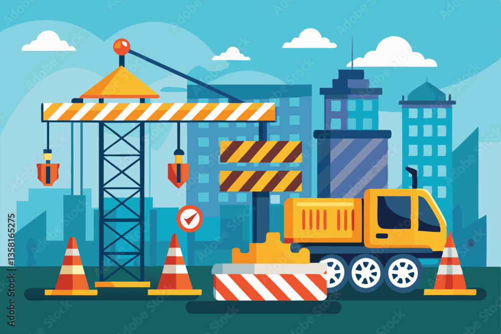 Poster a dynamic construction site showcases a customizable layout with cranes, traffic cones, and building