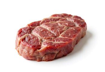 Fototapeta premium Raw steak. An appetizing raw steak, perfect for culinary creations. Close up on a steak with rich detail, tempting colors, and a promise of delicious flavors. 