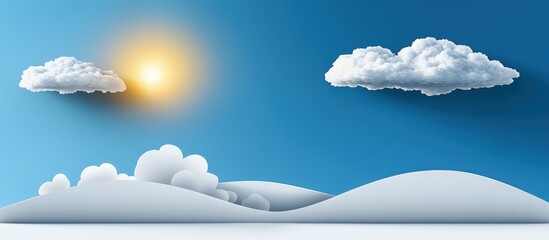 Bright Blue Sky with Sun and Fluffy Clouds Over Rolling Hills