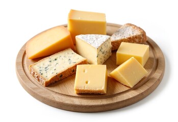 Fototapeta premium Artisan Cheese Selection on wooden platter: A close-up shot of a delectable assortment of artisan cheeses arranged on a rustic wooden platter, showcasing their diverse textures, colors, and flavors.