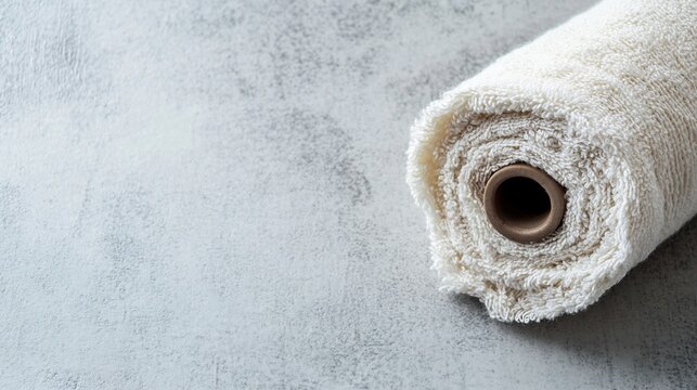 Terrycloth towel roll isolated a clean grey surface showcasing visible fibers and absorbent texture
