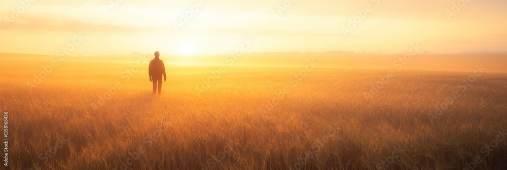 Aufkleber Silhouette of a farmer in a vast field at sunrise with golden rays illuminating the horizon and creating a soft, peaceful atmosphere Generative AI