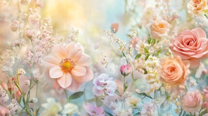 Pastel Pink And Peach Roses Blooming In Soft Light