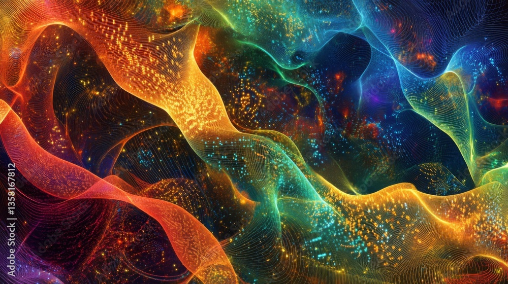 Poster abstract cosmic background with flowing multicolored particles