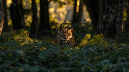 Majestic Jaguar Stalking Through Lush Green Forest at Sunrise with Soft Light Filtering Through Leaves