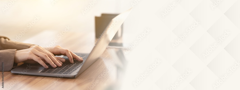 Poster job search. side view of unrecognizable woman using laptop, finding work projects online. panorama, 