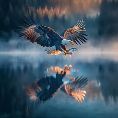 Obraz premium Bald eagle diving to catch fish in tranquil lake image
