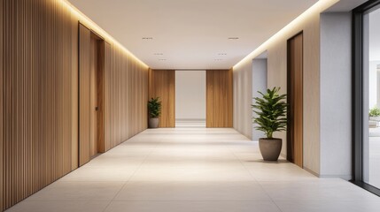Fototapeta premium Luxury home minimalist and exclusive, A modern hallway featuring wooden accents, sleek lighting, and potted plants, creating a warm and inviting atmosphere.