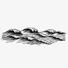 Hand-drawn black ink waves with Japanese aesthetic, minimalist seascape lines on white background for zen decor. Concept: print design, meditation branding, Asian art.