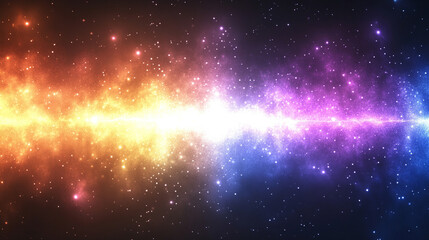 Naklejka premium glowing horizontal line of blue and orange light at the horizon against a black background symbolizes the intersection of technology and nature in a futuristic, minimalistic sci-fi design with a blank