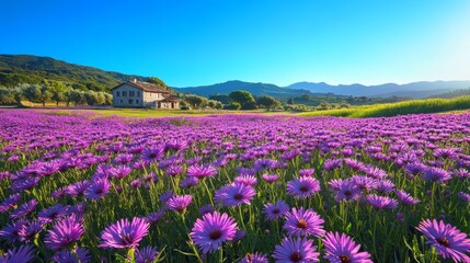 Naklejka premium Vibrant daisy field with rustic house and mountain view under clear blue sky.