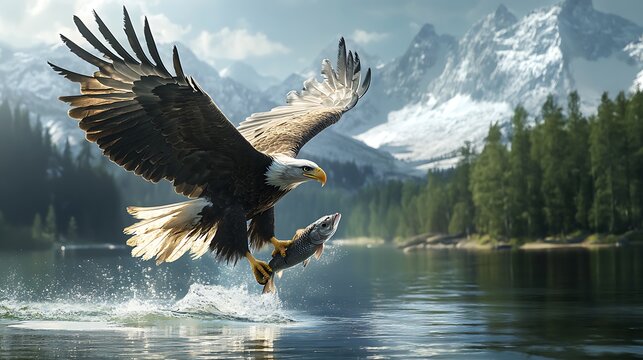 Majestic bald eagle capturing fish from calm lake water image