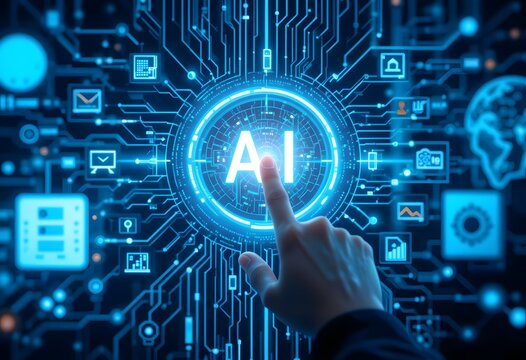 A futuristic AI-driven interface glowing in blue light, symbolizing the role of artificial intelligence in digital transformation. A human hand interacts with the AI system
