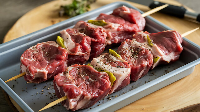 Tender raw lamb shish kebab skewers showcased in a stylish mockup tray with fat marbling, Raw meat, sish kebab, created with generative ai