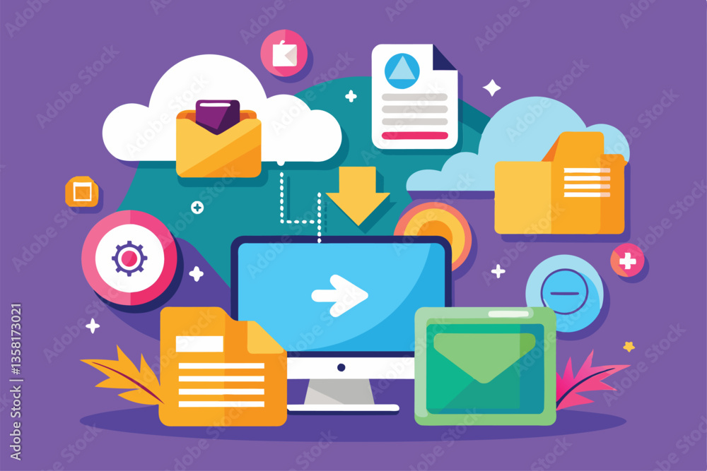 Poster a computer displays icons and elements related to file management, cloud storage, and data organizat