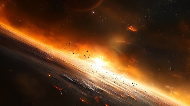 Phenomenon of a rare solar eclipse viewed from deep space on an artistic cosmic themed backdrop