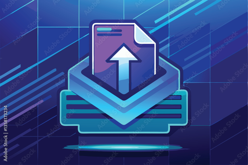 Poster a striking futuristic icon representing the concept of uploading files in a digital abstract format,