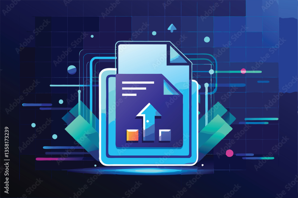Poster a visually striking upload files icon is set against a futuristic digital abstract background, uploa