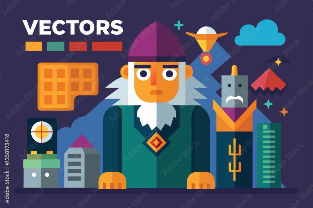 Poster a creative character stands amidst various colorful vector graphics and design elements in a digital