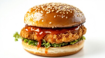 Crispy Chicken Burger with BBQ Sauce on Sesame Bun