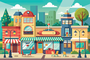 A lively street showcases a cafe and jewelry shop amid charming buildings and vibrant colors, Urban infrastructure, Cafe, shop, jewelry, workshop,