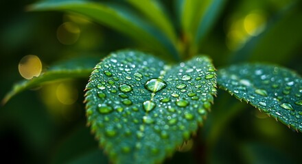 Leaf with Water Droplets Close Up Fresh Green Nature Scene