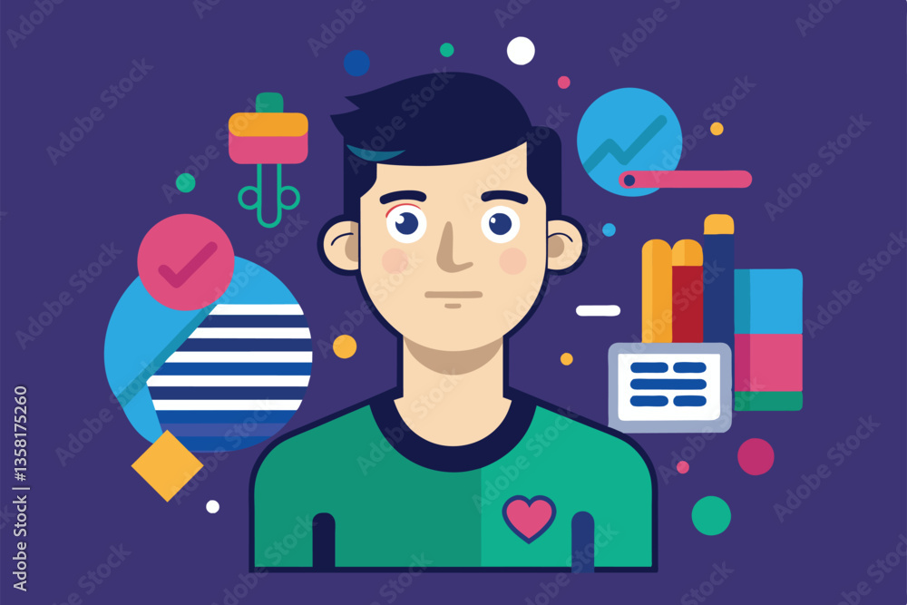 Poster a young man is illustrated in a customizable flat design with colorful elements and graphs around hi