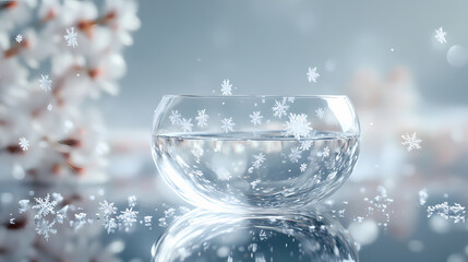 Tiny snowflakes dance around a delicate glass vessel, dance, peaceful. Whispering Glass. Illustration