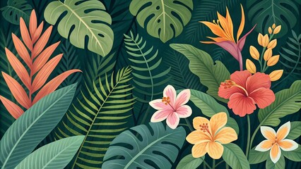 Tropical Floral Pattern with Exotic Leaves and Flowers, Illustration of a vibrant tropical floral pattern featuring exotic leaves and colorful flowers, creating a lush and tropical jungle-inspired des